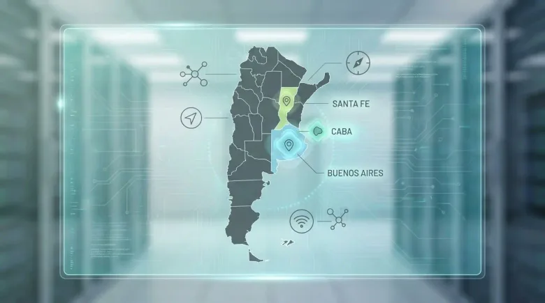 Mapa estilizado de Argentina sobre un panel translúcido que resalta y rotula Santa Fe, CABA y Buenos Aires.