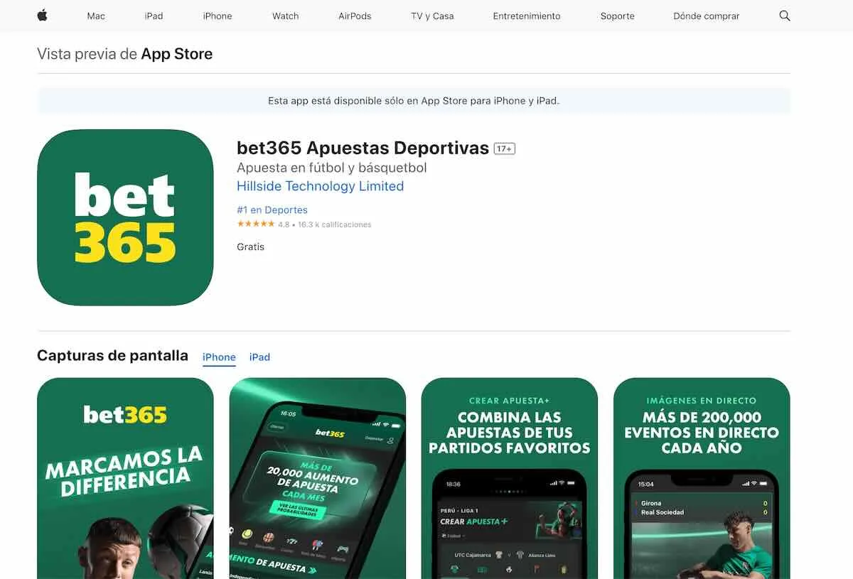 Ficha de una tienda de aplicaciones en castellano con el ícono verde y amarillo de bet365, el nombre del desarrollador, la clasificación por edad y una fila de imágenes promocionales; reproducida por un sitio guía argentino.