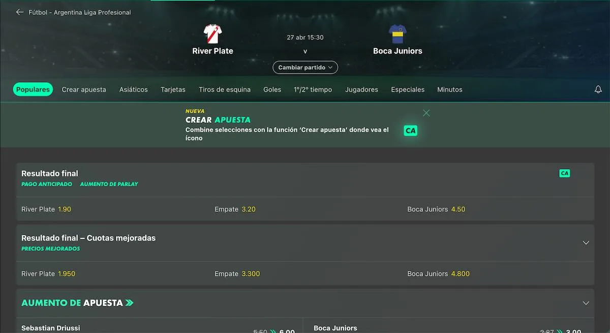 Pantalla de mercados de un partido de la liga argentina con las pestañas de córners, tarjetas y goles arriba, y debajo la fila de resultado final con su terna de cuotas; captura difundida por un sitio guía.