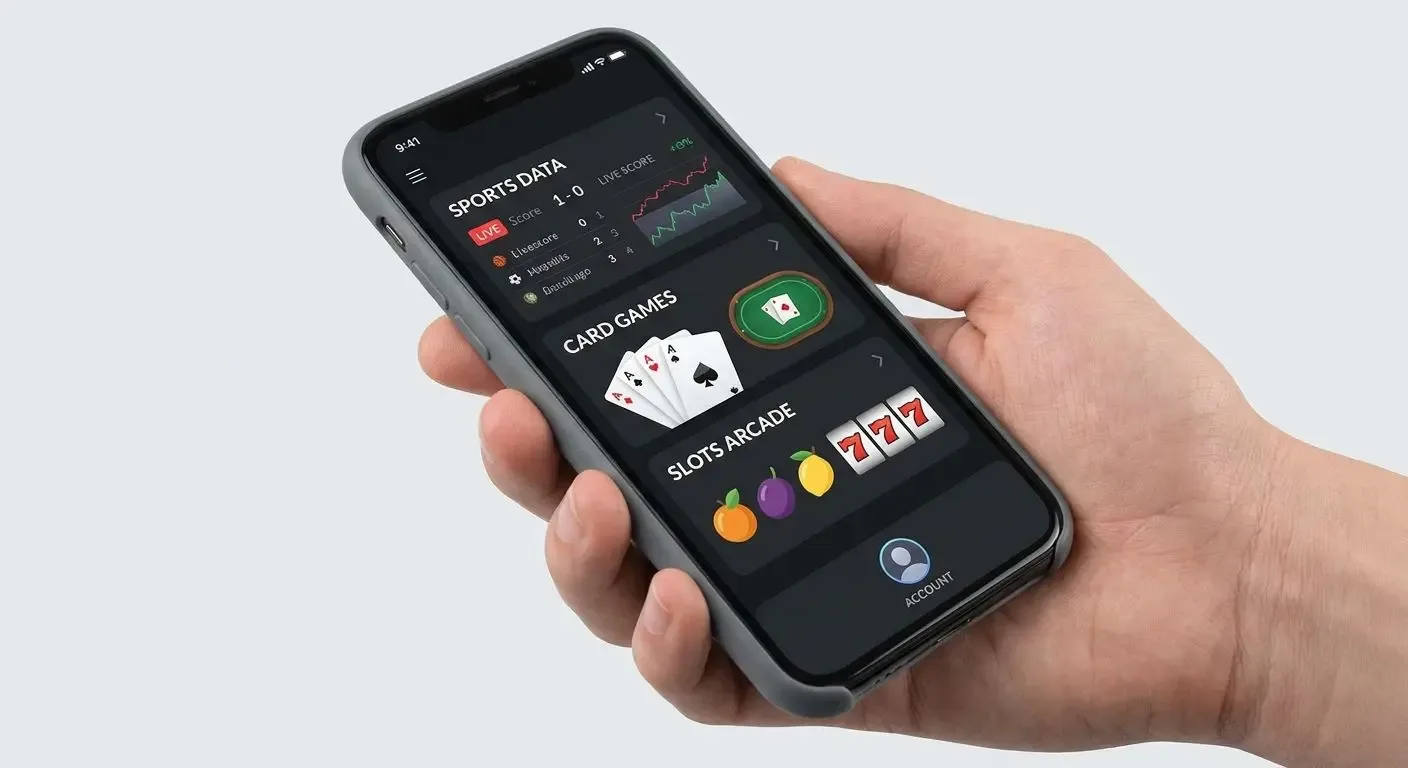 Celular sostenido en la mano con tres bloques apilados en pantalla: datos deportivos con marcador en vivo arriba, juegos de cartas en el medio y una sección de rodillos con frutas abajo.