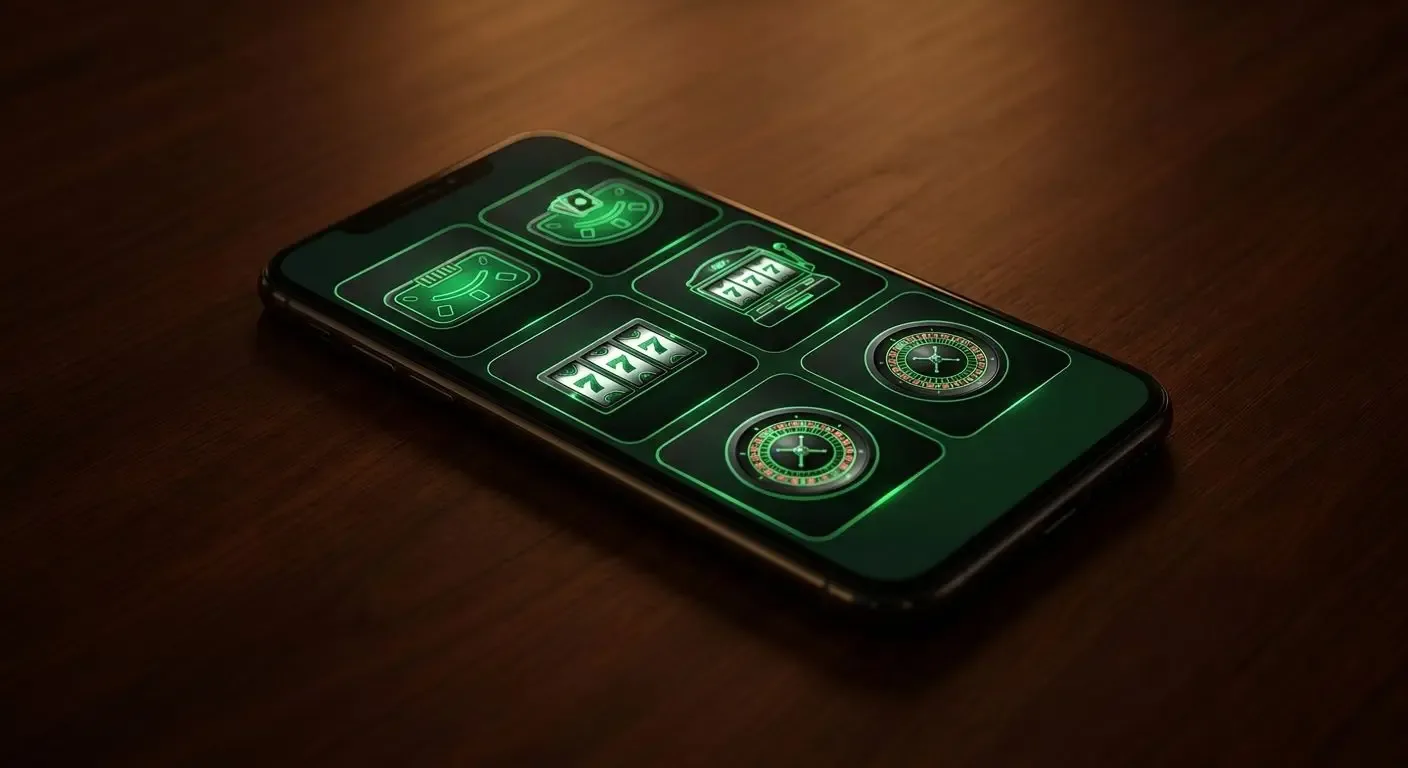 Celular apoyado sobre una mesa de madera oscura con seis recuadros verdes luminosos en pantalla: mesas de cartas, rodillos de tragamoneda y dos ruletas.