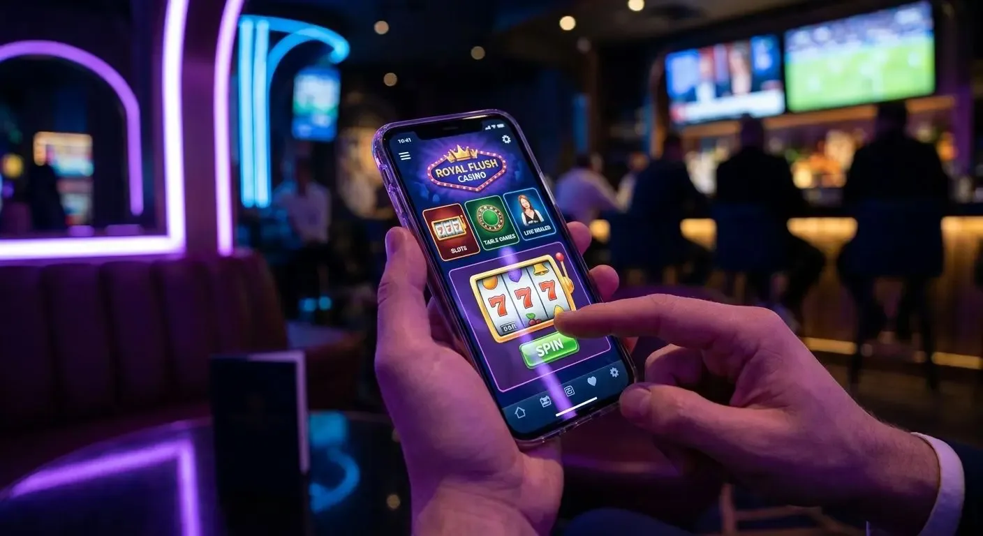 Dos manos sostienen un celular con una tragamoneda genérica en pantalla y un botón de giro verde, dentro de un local con luces de neón violetas y pantallas de deportes al fondo.