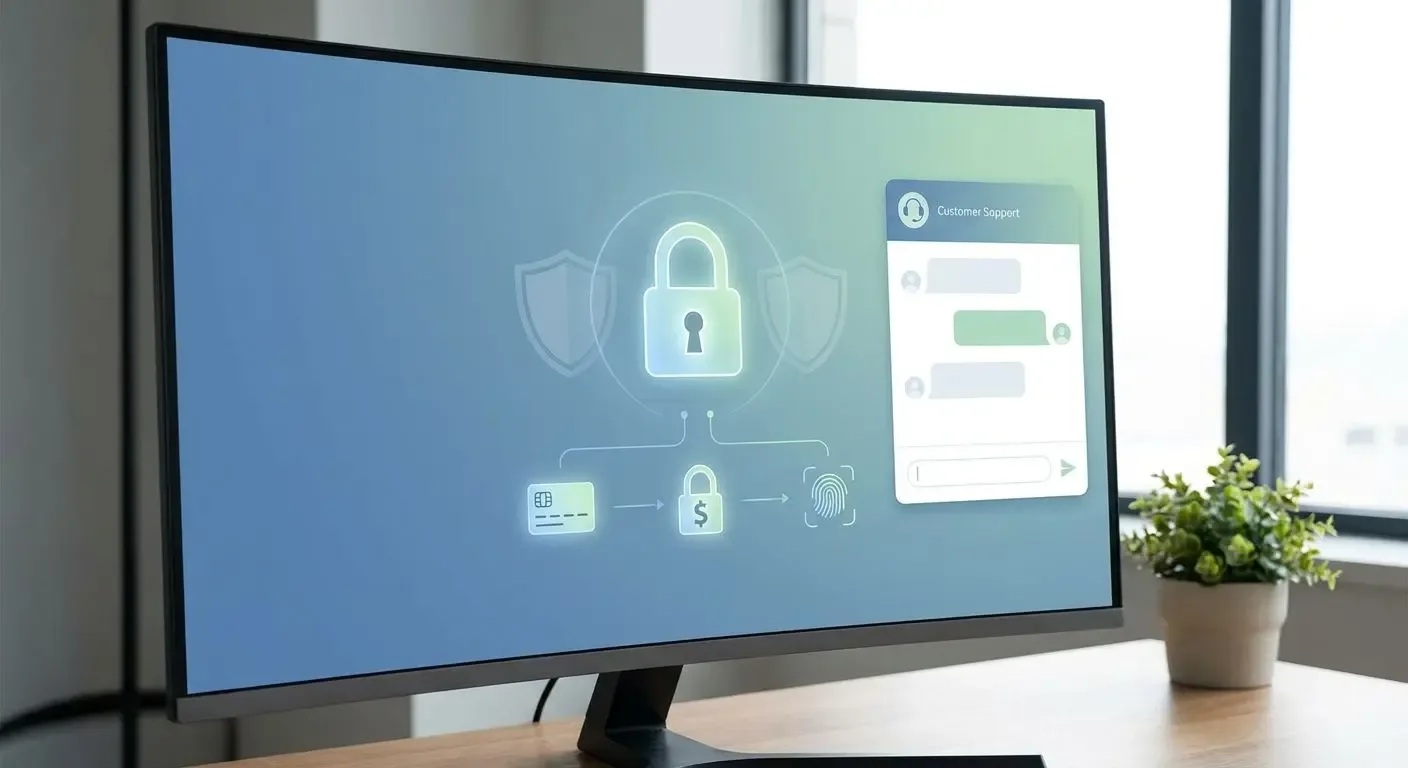 Monitor curvo en una oficina con un candado grande entre dos escudos, debajo una cadena de íconos de tarjeta, candado con signo de peso y huella dactilar, y a la derecha una ventana de chat de atención al cliente con los mensajes en blanco.