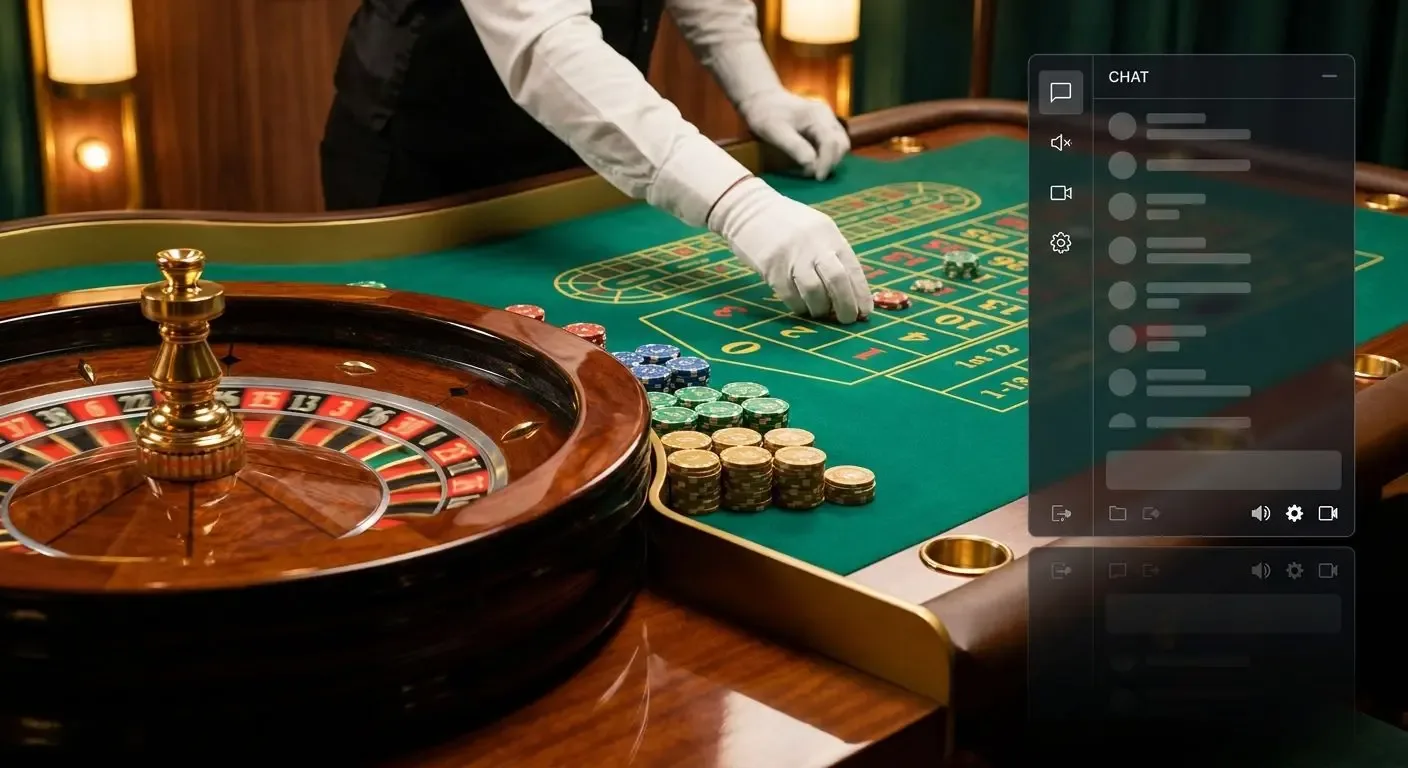 Mesa de ruleta de paño verde con la mano enguantada de un crupier acomodando fichas y, superpuesta a la derecha, una ventana de conversación con los mensajes difuminados.