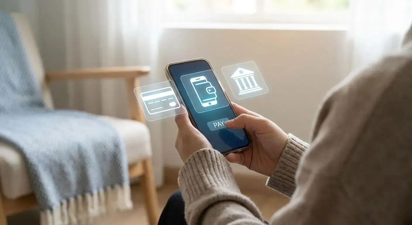 Persona sentada en un living con un celular en la mano y tres placas flotando alrededor de la pantalla: una tarjeta, un teléfono con billetera y la fachada de un banco.