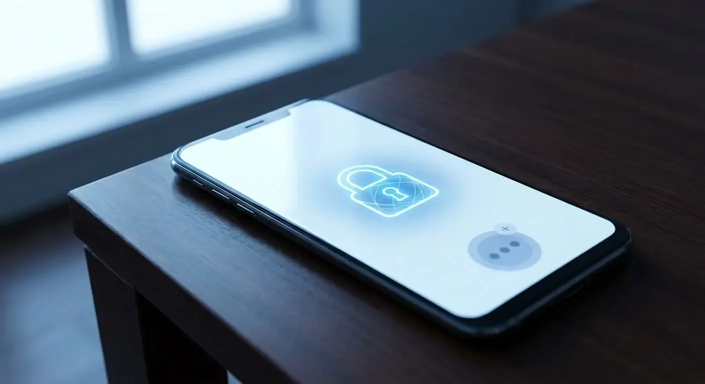 Celular apoyado en el borde de una mesa de madera oscura junto a una ventana, con un candado luminoso azul dibujado en el centro de la pantalla y un botón circular difuminado abajo a la derecha.